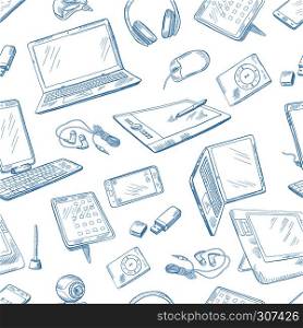 Different computer devices in hand drawn style. Vector seamless pattern with computer laptop and digital sketch electronic equipment illustration. Different computer devices in hand drawn style. Vector seamless pattern