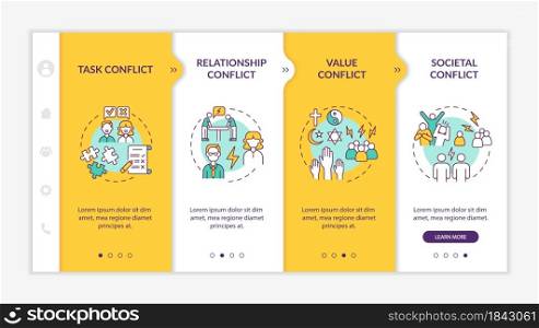 Different conflicts onboarding vector template. Responsive mobile website with icons. Web page walkthrough 4 step screens. Communication issues color concept with linear illustrations. Different conflicts onboarding vector template