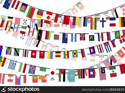Different countries flags on the ropes. Different countries flags hangs on the ropes on white background