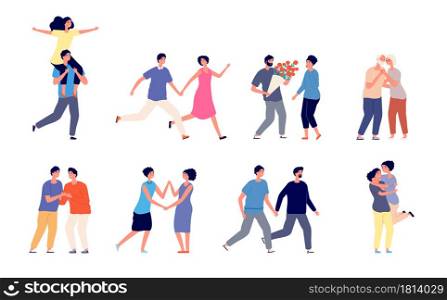 Different couples in love. Couple lifestyles, flat lesbians gay homosexual diversity relationship. Young boyfriend girlfriend vector set. Couple man and woman, together boyfriend and girl illustration. Different couples in love. Couple lifestyles, flat lesbians gay homosexual diversity relationship. Young boyfriend girlfriend vector set
