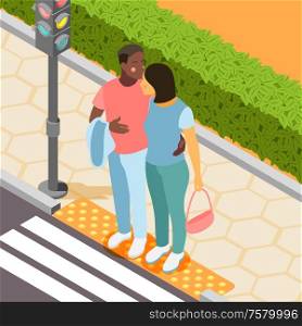 Different couples isometric background with african man and european woman meeting in city park vector illustration