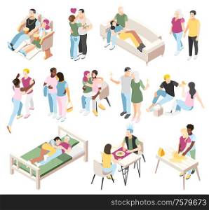 Different couples isometric icons set of human pairs spending time together at cinema restaurant picnic and home isometric vector illustration