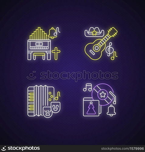 Different cultures music neon light icons set. Religeous songs types. Holiday events ideas. National country insruments. Signs with outer glowing effect. Vector isolated RGB color illustrations. Different cultures music neon light icons set