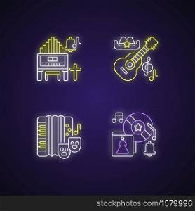Different cultures music neon light icons set. Religeous songs types. Holiday events ideas. National country insruments. Signs with outer glowing effect. Vector isolated RGB color illustrations. Different cultures music neon light icons set