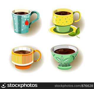 Different cups and mugs of various shapes and colors. Containers filled with coffee or hot tea beverages for people to drink, have refreshment. Dishware with lines floral patterns vector illustration. Different cups and mugs shapes and colors vector illustration