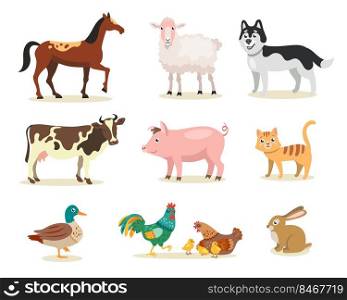 Different cute farm animals flat vector illustrations set. Cow, hen, rooster, chickens, pig, cat, dog, sheep, duck, horse, rabbit isolated on white background. Domestic animals, agriculture concept