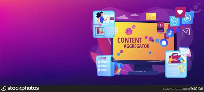 Different data compilation. Collection of media. Content aggregator, best media content here, aggregated content for resale concept. Header or footer banner template with copy space.. Content aggregator concept banner header