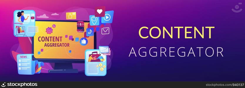 Different data compilation. Collection of media. Content aggregator, best media content here, aggregated content for resale concept. Header or footer banner template with copy space.. Content aggregator concept banner header