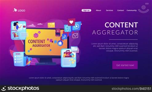 Different data compilation. Collection of media. Content aggregator, best media content here, aggregated content for resale concept. Website homepage landing web page template.. Content aggregator concept landing page