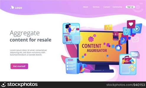 Different data compilation. Collection of media. Content aggregator, best media content here, aggregated content for resale concept. Website homepage landing web page template.. Content aggregator concept landing page