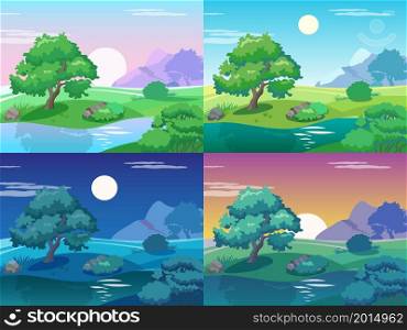 Different day times landscape. Morning and evening meadow with tree, lake and bushes. Soothing natural backgrounds variants. Sunrise and sunset scenery. Vector night or afternoon scenic panorama set. Different day times landscape. Morning and evening meadow with tree, lake and bushes. Soothing natural backgrounds. Sunrise and sunset scenery. Vector night or afternoon panorama set