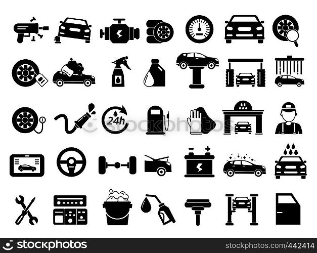 Different details of automobile. Car services icons set. Monochrome vector pictures isolate on white. Collection of icons automobile repair service illustration. Different details of automobile. Car services icons set. Monochrome vector pictures isolate on white