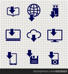 Different devices downloading data sketch icons. Different devices downloading data set icons on notebook background. vector illustration