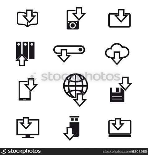 Different devices downloading line icons. Different devices downloading black line icons isolated on white. Vector illustration