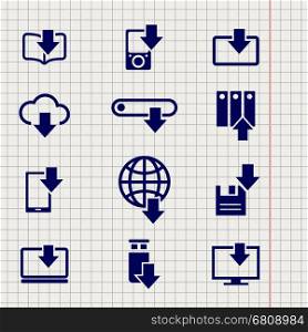 Different devices downloading line sketch icons. Different devices downloading line icons on notebook page backdrop. Vector illustration
