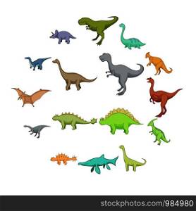 Different dinosaurs icons set. Cartoon illustration of 16 different dinosaurs vector icons for web. Different dinosaurs icons set, cartoon style