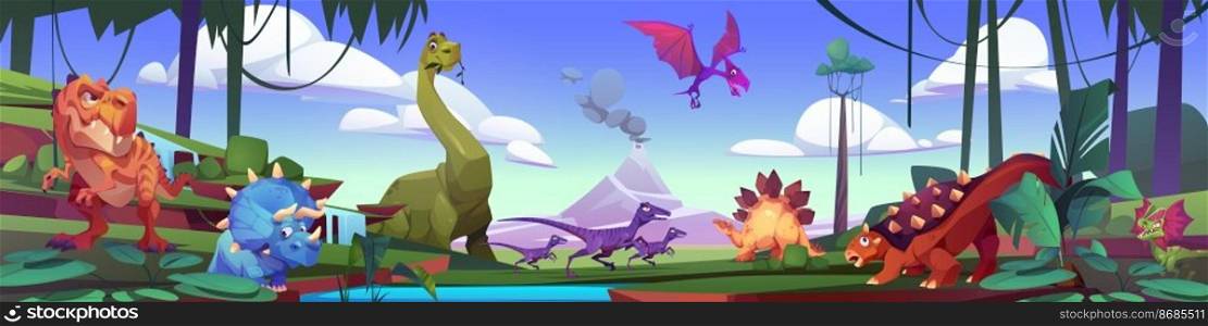 Different dinosaurs in natural environment. Cartoon vector illustration of prehistoric animals in tropical forest and ancient volcano erupting under blue sky. Jurassic era scenery, game ui background. Different dinosaurs in natural environment