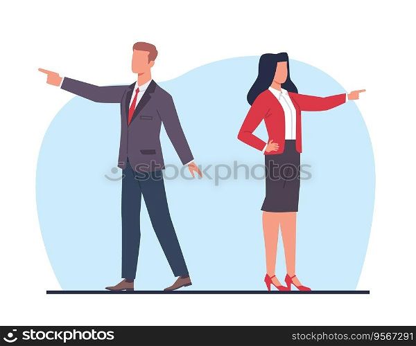 Different direction of business development for man and woman. Pointing finger gesture. Various strategies for finding solution, opposite mind. Cartoon flat style isolated illustration. Vector concept. Different direction of business development for man and woman. Pointing finger gesture. Various strategies for finding solution, opposite mind. Cartoon flat style isolated vector concept