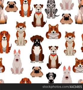 Different dogs in cartoon style. Vector seamless pattern with dog cartoon, illustration of animal pet. Different dogs in cartoon style. Vector seamless pattern