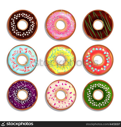 Different donuts in cartoon style. Vector illustrations isolate on white. Set of donut bakery chocolate and sugar pastry dessert. Different donuts in cartoon style. Vector illustrations isolate on white