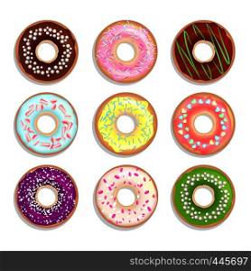 Different donuts in cartoon style. Vector illustrations isolate on white. Set of donut bakery chocolate and sugar pastry dessert. Different donuts in cartoon style. Vector illustrations isolate on white