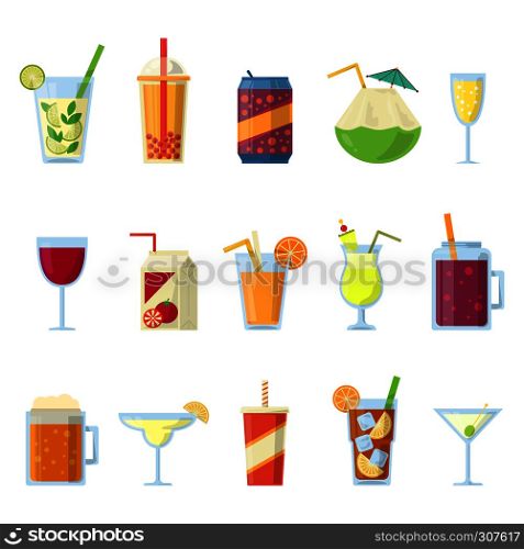 Different drinks in bottles and glasses. Vector set isolate on white. Drink glass and alcohol beverage collection illustration. Different drinks in bottles and glasses. Vector set isolate on white