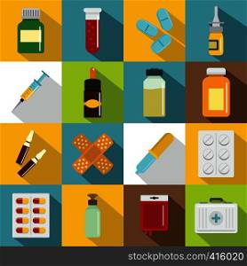 Different drugs icons set. Flat illustration of 16 different drugs vector icons for web. Different drugs icons set, flat style