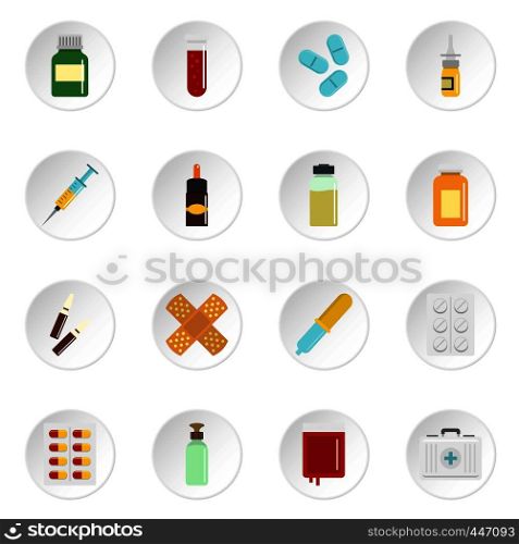 Different drugs icons set in flat style isolated vector icons set illustration. Different drugs icons set in flat style