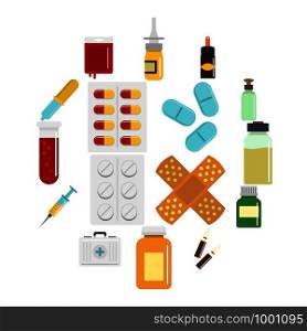 Different drugs icons set in flat style isolated vector illustration. Different drugs icons set in flat style