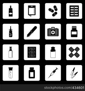 Different drugs icons set in white squares on black background simple style vector illustration. Different drugs icons set squares vector