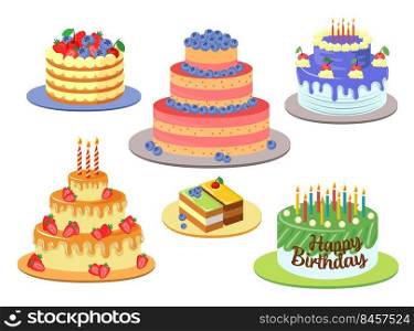 Different elegant birthday cakes vector illustrations set. Designs of chocolate cakes with decor, icing, cherries and candles isolated on white background. Pastry, party, bakery, dessert concept
