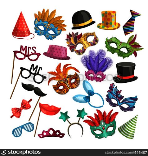 Different elements for carnival. Funny masks for masquerade. Vector illustrations in cartoon style. Masquerade mask, festival and carnival costume. Different elements for carnival. Funny masks for masquerade. Vector illustrations in cartoon style