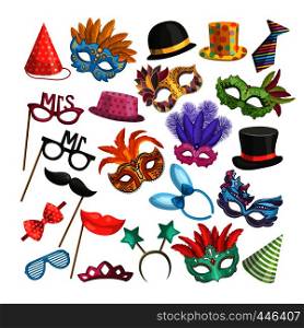 Different elements for carnival. Funny masks for masquerade. Vector illustrations in cartoon style. Masquerade mask, festival and carnival costume. Different elements for carnival. Funny masks for masquerade. Vector illustrations in cartoon style