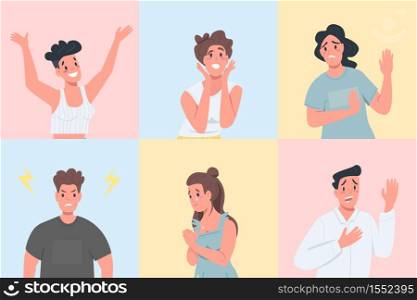 Different emotional expressions flat color vector detailed character set. Men and women with various feelings isolated cartoon illustration for web graphic design and animation collection. Different emotional expressions flat color vector faceless character set
