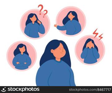 Different emotions and mood change of woman. Girl with negative and positive various expression, crisis of distracted behavior flat vector illustration. PMS, psychology, mental disorder concept. Different emotions and mood change of woman