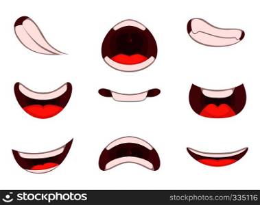 Different emotions of cartoon mouths with funny expressions. Funny cartoon mouth smile. Vector illustration. Different emotions of cartoon mouths with funny expressions