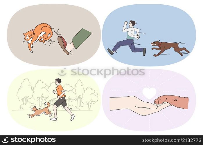 Different emotions to pets concept. Set of girls and boys running in park together with dog or running away with fears getting out cat with kick and making friend with pets vector illustration. Different emotions to pets concept.