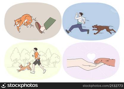 Different emotions to pets concept. Set of girls and boys running in park together with dog or running away with fears getting out cat with kick and making friend with pets vector illustration. Different emotions to pets concept.