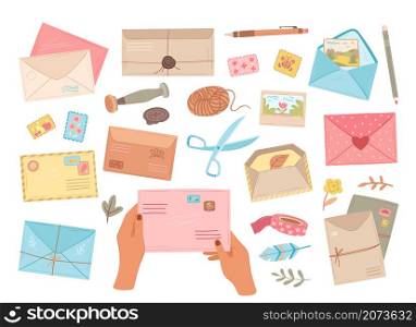 Different envelopes. Letter in envelope, postcard delivery and handmade craft card. Hands holding mail, pen and post stamp exact vector set. Illustration paper post and postcard delivery in envelope. Different envelopes. Letter in envelope, postcard delivery and handmade craft card. Hands holding mail, pencil pen and post stamp exact vector set