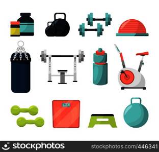 Different equipment for gym. Weight, gymnastic ball, dumbbells and other tools for powerlifting or bodybuilding. Fitness and sport, dumbbell and weight equipment, vector illustration. Different equipment for gym. Weight, gymnastic ball, dumbbells and other tools for powerlifting or bodybuilding