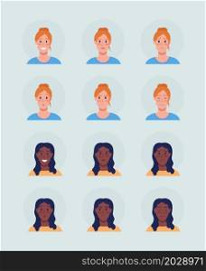 Different female face expressions semi flat color vector character avatar set. Portrait from front view. Isolated modern cartoon style illustration for graphic design and animation pack. Different female face expressions semi flat color vector character avatar set