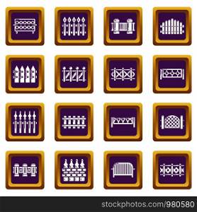 Different fencing icons set vector purple square isolated on white background . Different fencing icons set purple square vector