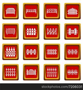 Different fencing icons set vector red square isolated on white background . Different fencing icons set red square vector