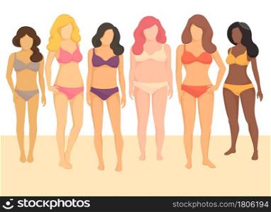 Different figures of women in swimwear, positive body movement. Female body types and sizes in bathing suits. Positive body movement. Female body types and sizes in bathing suits