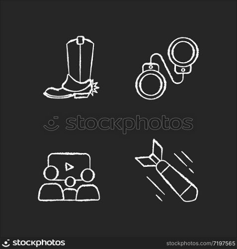 Different film genres chalk white icons set on black background. Western movie, family picture, criminal and war drama. Cinema industry, filmmaking business. Isolated vector chalkboard illustrations