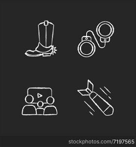 Different film genres chalk white icons set on black background. Western movie, family picture, criminal and war drama. Cinema industry, filmmaking business. Isolated vector chalkboard illustrations