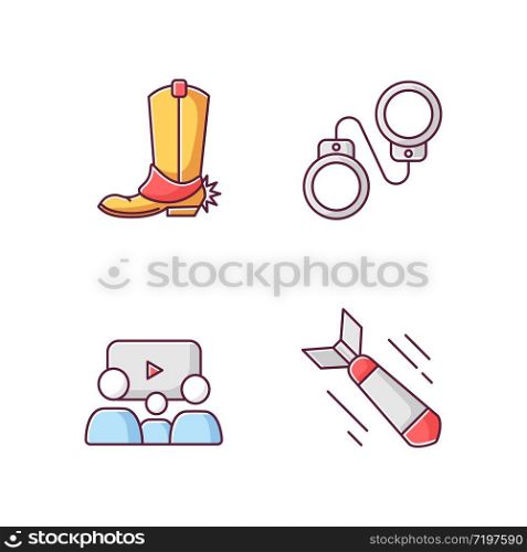 Different film genres RGB color icons set. Western movie, family picture, criminal and war drama. Cinema industry, filmmaking business. Isolated vector illustrations