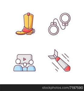 Different film genres RGB color icons set. Western movie, family picture, criminal and war drama. Cinema industry, filmmaking business. Isolated vector illustrations