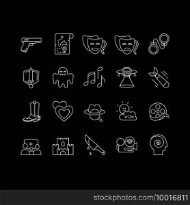 Different film genres white linear icons set for dark theme. Western movie, family picture, drama. Night mode customizable thin line symbols. Isolated vector outline illustrations. Editable stroke. Different film genres white linear icons set for dark theme