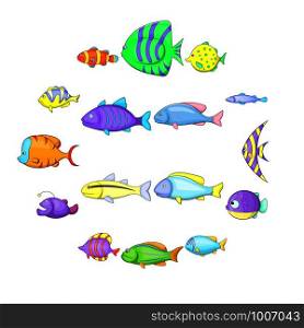 Different fish icons set. Cartoon illustration of 16 different fish vector icons for web. Different fish icons set, cartoon style